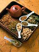Assortment of herbal teas on a tray