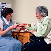 GP doctor examines an old woman's arthritic hand