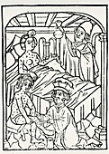 Engraving of treament for syphilis,15th century