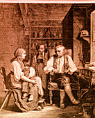 Engraving of village doctor with mother and child
