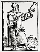 Engraving of a medieval doctor examining urine