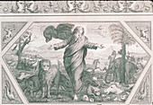 Engraving of God creating the plants and animals