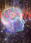 Artwork of human head with brain & EEG brainwaves