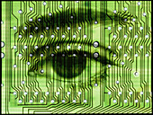 Computer artwork of human eye on a circuit board