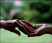 View of an elderly hand touching a younger hand