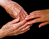 View of a young hand touching elderly hands