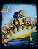 Abstract artwork of a physician examining a spine