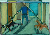 Abstract artwork of a man walking his pets