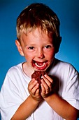 Boy eating chocolate cake