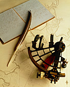 Navigational sextant on a historical map