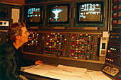 Astronomer at work in control room at Jodrell Bank