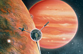 Artwork showing Galileo spacecraft nearing Jupiter