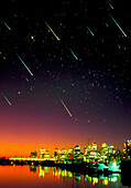 Composite image of meteors over a city at night