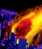 Computer artwork of a meteorite striking a city