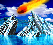 Computer artwork of a meteorite above an icy ocean