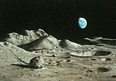 Artwork of Moon's surface with Earth in the sky