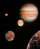 Voyager mosaic of Jupiter & its 4 Galilean moons