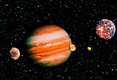 Montage showing Jupiter and the Galilean moons