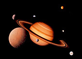 Montage of Voyager photos of Saturn & it's moons