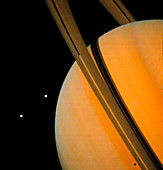 Voyager 1 photograph of Saturn & two of its moons