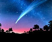 Artwork of comet Hale-Bopp over a tree landscape