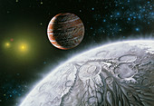Artwork of the planet of star 16 Cygni B & a moon