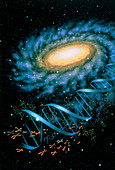 Artwork of DNA coming from a spiral galaxy