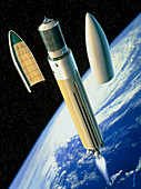 Artwork of an Ariane 5 rocket deploying a payload