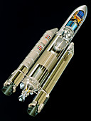 Artwork of the Ariane 5 launcher with 2 satellites