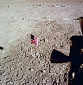 Flag and TV camera on moon from Apollo 11 mission