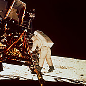 Apollo 11 astronaut E. Aldrin leaving Lunar Module