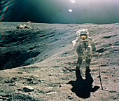 Astronaut Duke next to Plum Crater,Apollo 16