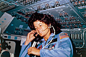 Astronaut Sally Ride talking to ground control