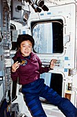 Dr Mukai on mid-deck of Shuttle Columbia,STS-65