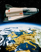 Artwork of Hermes space shuttle orbiting Europe