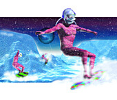 Computer artwork of men snowboarding on Titan