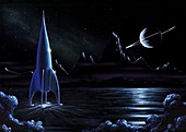 Space rocket and ringed planet,artwork