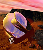 Computer artwork of an alien and its crashed UFO