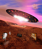 Computer artwork of a UFO flying over Area 51