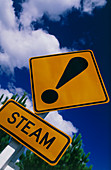 Steam warning sign at a geothermal power station