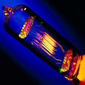 View of a lit technical electric light bulb