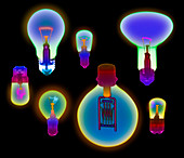 Coloured X-ray of assorted electric light bulbs