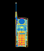Coloured X-ray of a mobile telephone