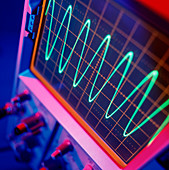 View of oscilloscope showing a voltage/time trace