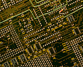 Close-up of back of modern computer circuit board