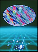 Computer artwork of semiconductor wafer above grid
