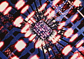 Computer artwork of a chip and DNA autoradiogram