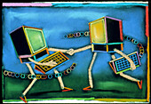 Abstract artwork of computers greeting each other