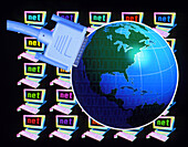 Computer artwork of networked computers and globe
