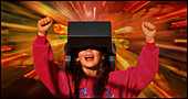 Girl with virtual reality headgear